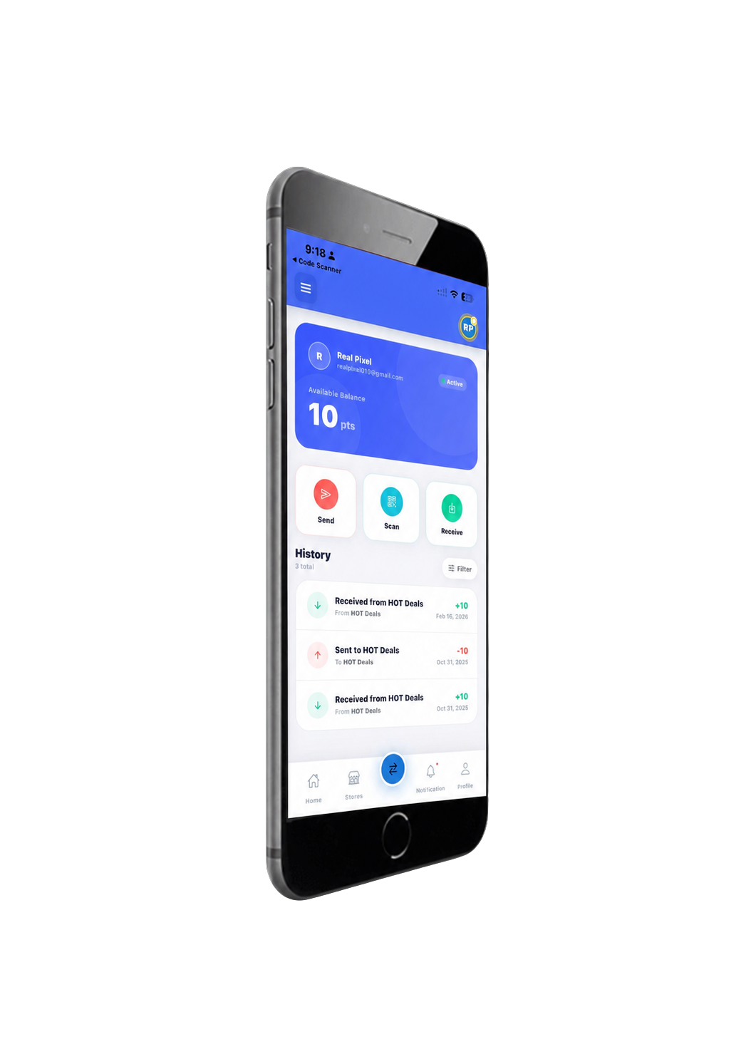 Hot Deals app home screen showing points balance, transaction history and help & support
